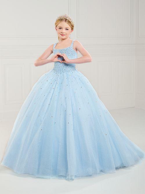 This Tiffany Princess 13739 Girls Pageant Dress is the perfect choice for preteens. The tulle material adds volume to the A-line corset ball gown while the pearl beading adds a touch of elegance. The dress is designed to make your little one stand out on stage. <span data-mce-fragment="1">Square neckline, pearls and Rhinestone fully beaded bodice, and tulle ball gown skirt. Lace-up back and sweep train.</span>