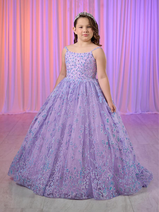 Get ready to dazzle in the Tiffany Princess 13755 Girls Glitter Pageant Dress. Featuring a long ball gown style with a sparkling sequin corset, this dress will make you shine like a star on stage. Be the center of attention and feel like royalty in this formal dress.