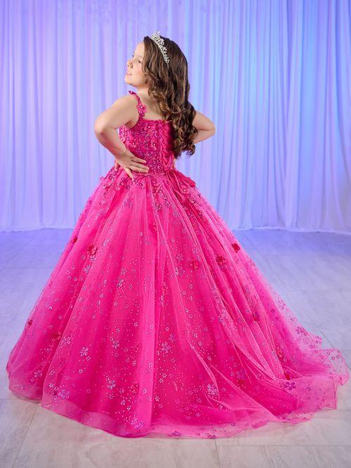 Tiffany Princess 13758 Size 8 Shocking Pink Girls Long Lace Pageant Dress Corset Floral Glitter Formal Ball Gown