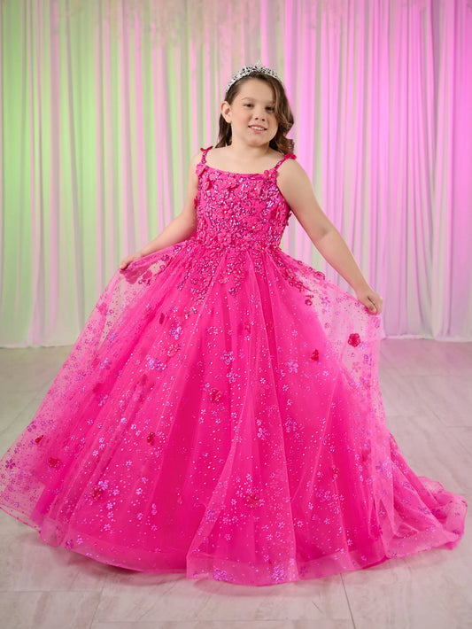 Dress your little princess like royalty with our Tiffany Princess 13758 Long Lace Pageant Dress. The stunning scoop neckline and spaghetti straps enhance a regal look. Adorned with 3D floral and glitter details, the tulle ball gown skirt adds a touch of elegance. The lace-up back and sweep train complete the fairytale feel of this dress.