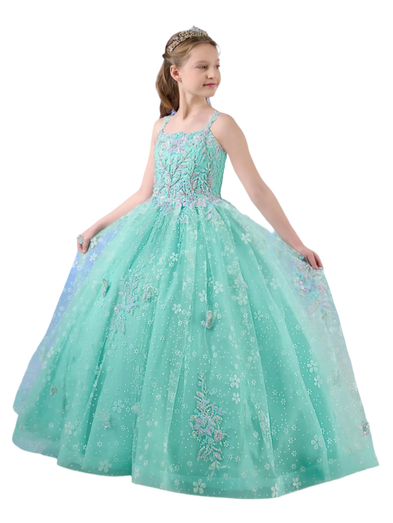 Elevate your little princess's pageant look with the Tiffany Princess 13759 Girls Pageant Dress. The delicate spaghetti straps frame a scoop neckline adorned with sparkling crystals. The beaded bodice is beautifully accented with lace appliqués, while the multi-layered tulle and snowflake glitter tulle ball gown skirt features stunning butterfly embroidery.