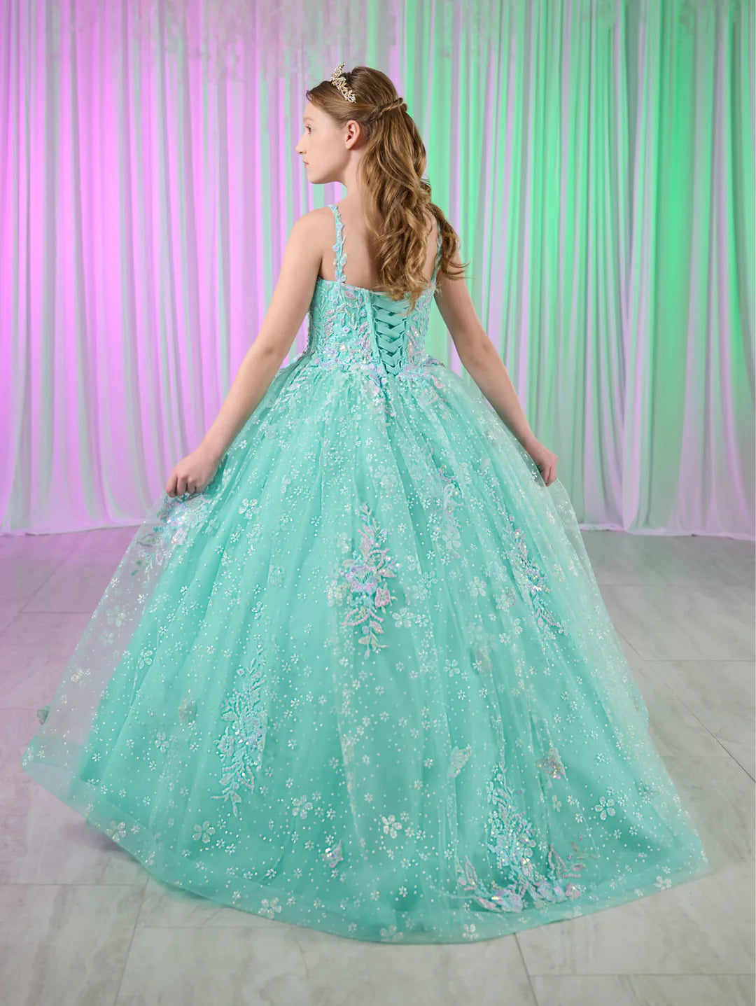 Tiffany Princess 13759 Girls Pageant Dress Butterfly Scoop Neck Crystal Corset Long Gown