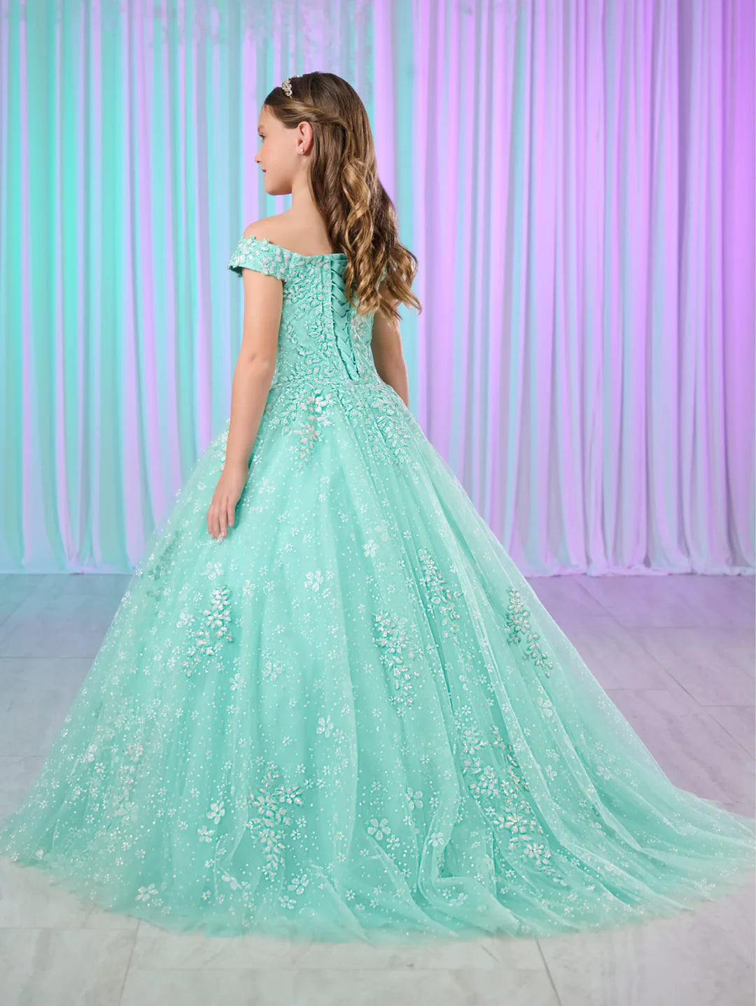 Tiffany Princess 13768 Size 4 Aqua Girls Shimmer Lace Pageant Dress off the Shoulder Corset Formal Gown