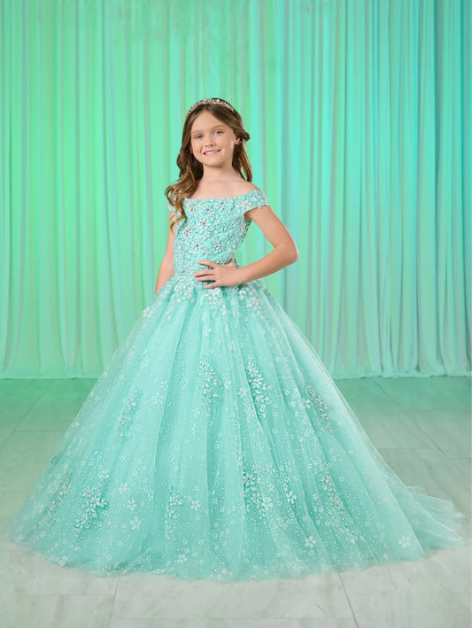 This beautiful Tiffany Princess pageant dress features shimmering lace, off the shoulder design, and a corset-style bodice. Perfect for formal occasions, this gown is sure to make your little girl feel like a princess. The stylish and comfortable design will have her shining on stage.