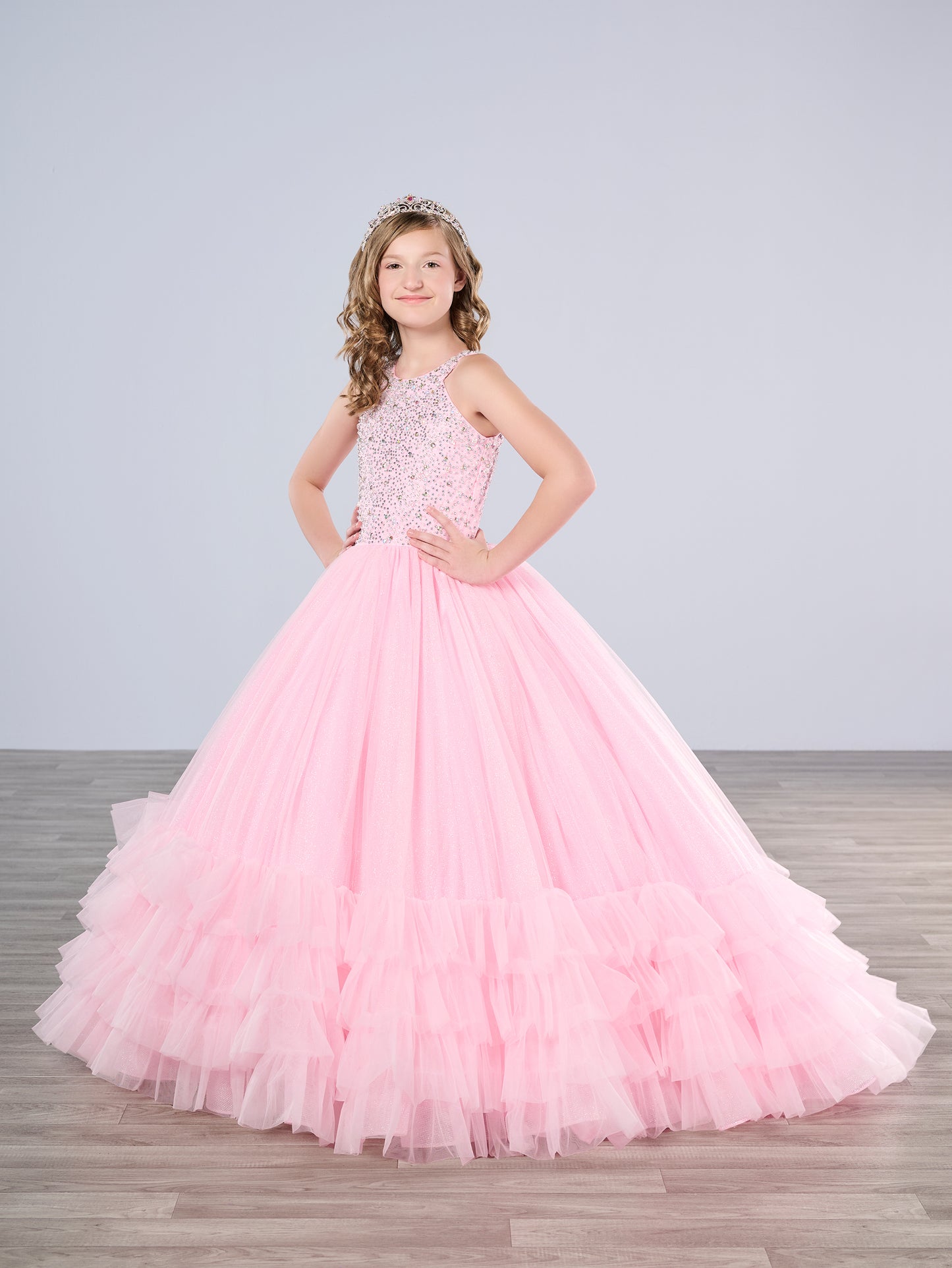 Tiffany Princess 13795 Ruffle Skirt Girls Pageant Dress Crystal High Neck Backless Corset