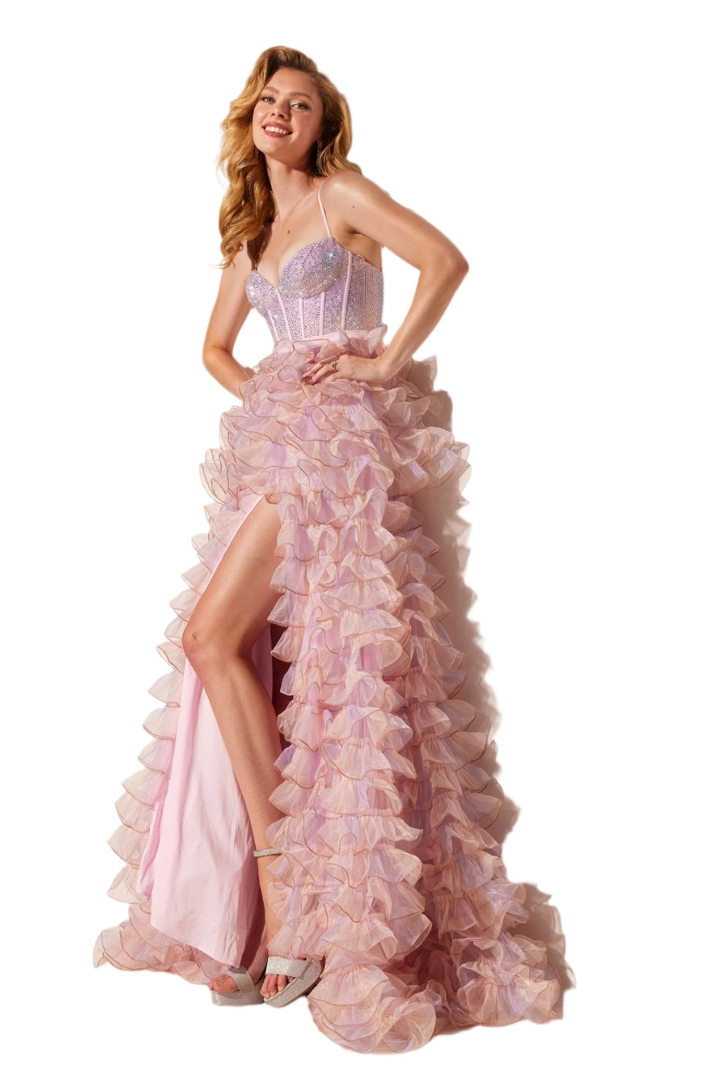 Elevate your evening look with the Lucci Lu 1400 Prom Dress. This exquisite gown boasts a crystal corset for a touch of glamour, while the cascading layers and ruffle detailing create a dramatic silhouette. The maxi length and thigh-high slit add a touch of sensuality, making it the perfect choice for any formal occasion or pageant.