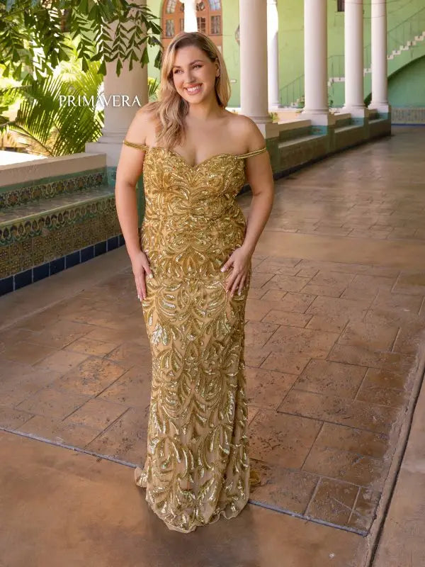 This Primavera Couture 14054 Long Prom Dress is designed for a flattering fit with its off-shoulder corset bodice and sequin embellishments. The plus size option allows for a perfect fit, making it a top choice for formal events. Look and feel stunning in this elegant and sophisticated gown.