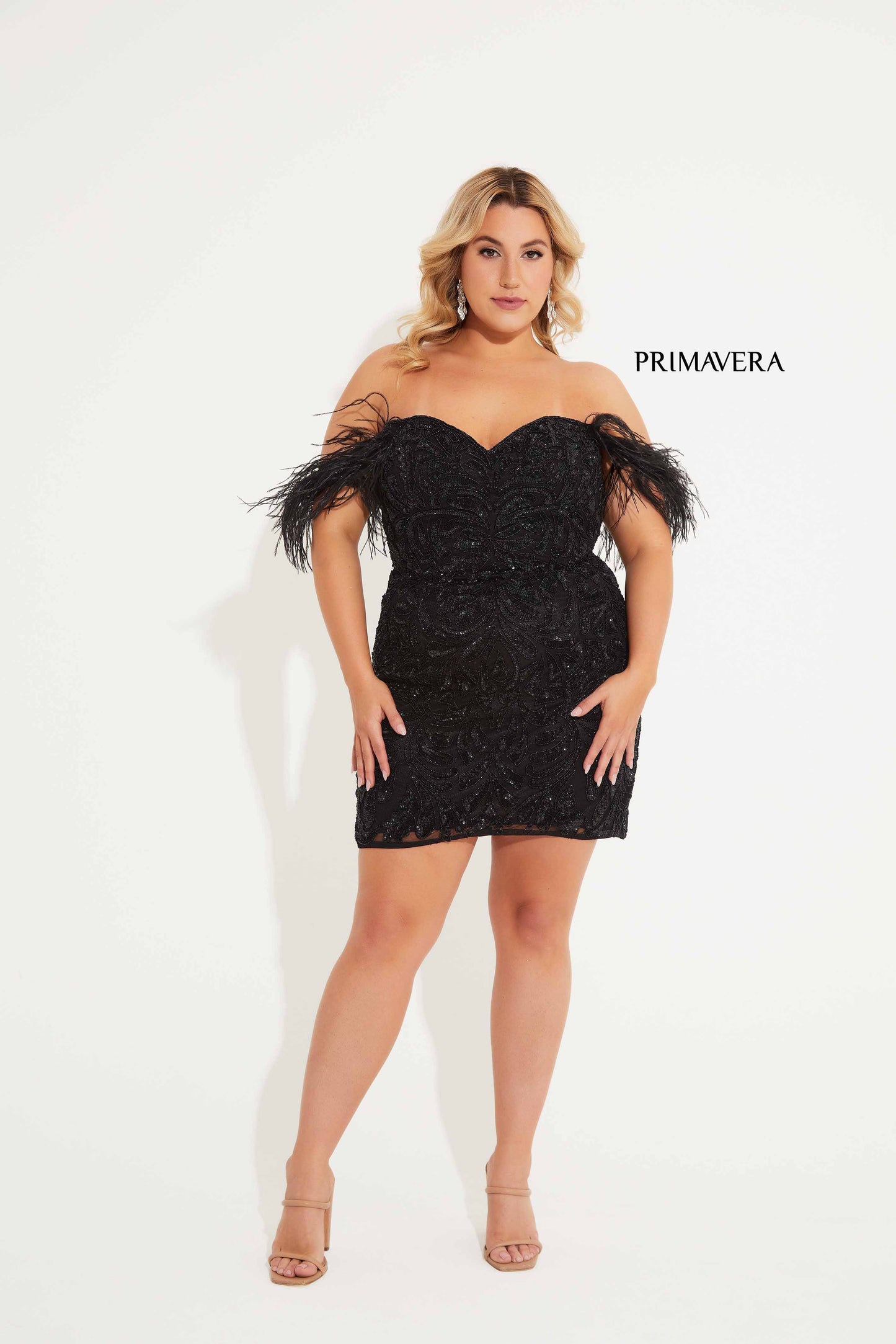 Primavera Couture 14062 Off the Shoulder Cocktail Dress Sequined Feathers Corset Curvy