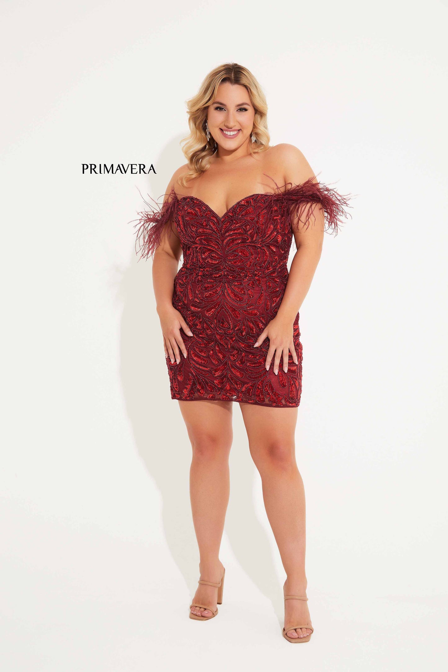 Primavera Couture 14062 Off the Shoulder Cocktail Dress Sequined Feathers Corset Curvy