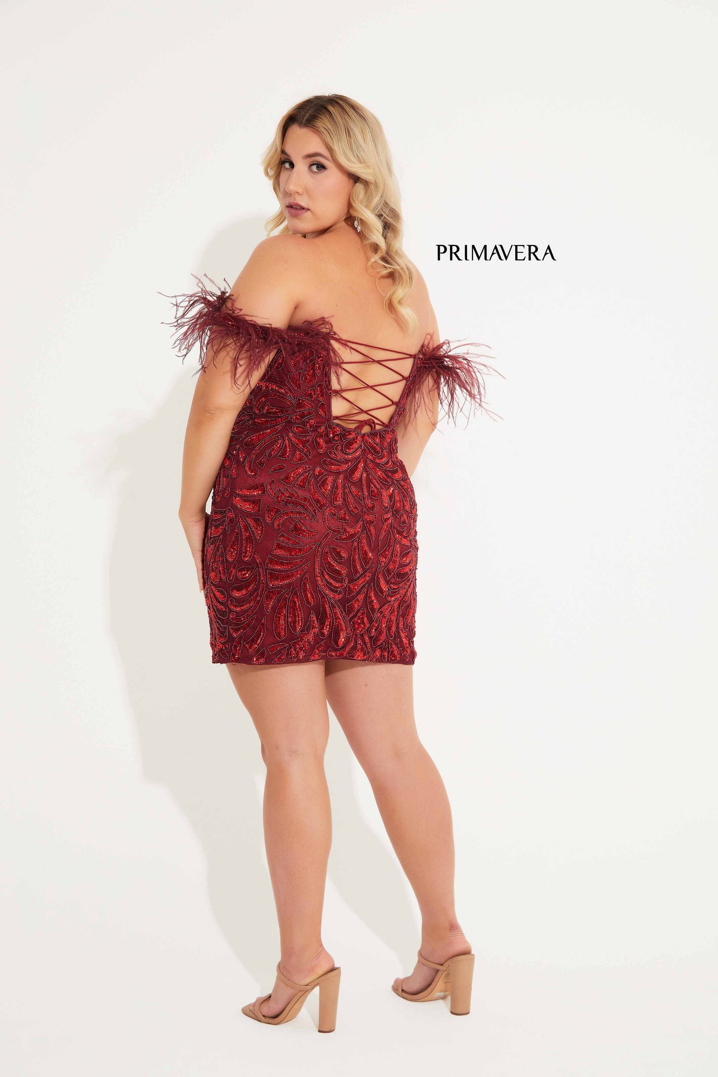 Primavera Couture 14062 Off the Shoulder Cocktail Dress Sequined Feathers Corset Curvy