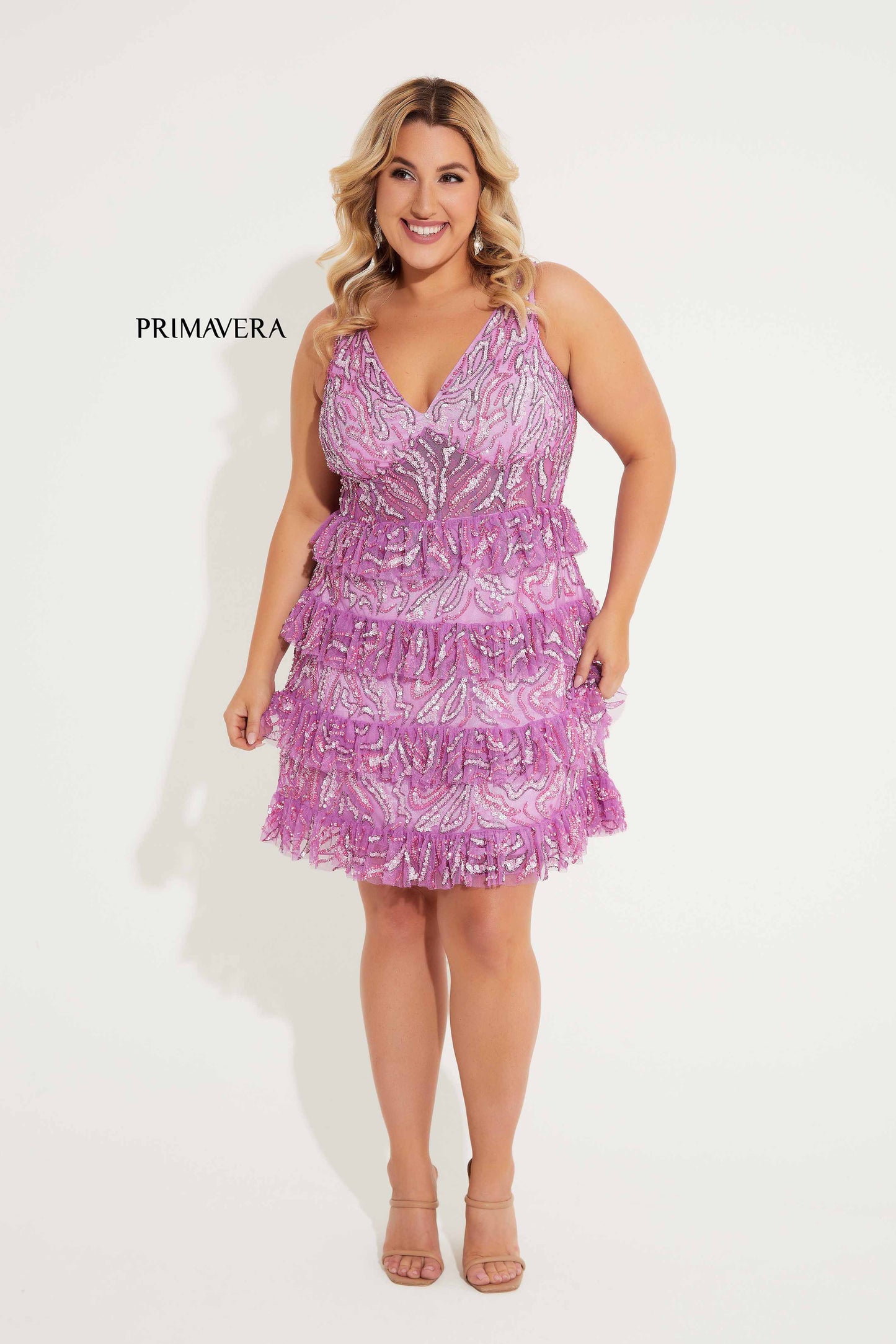 Primavera Couture 14063 Ruffle Skirt Cocktail Dress Curvy V Neckline Sequins