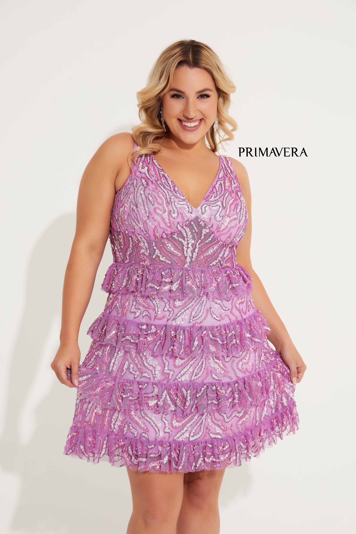 Primavera Couture 14063 Ruffle Skirt Cocktail Dress Curvy V Neckline Sequins