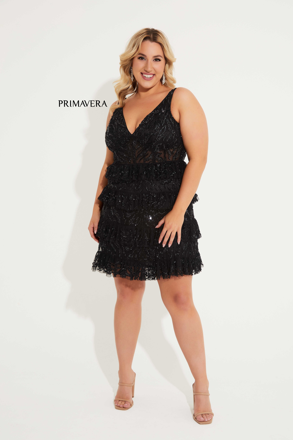 Primavera Couture 14063 Ruffle Skirt Cocktail Dress Curvy V Neckline Sequins