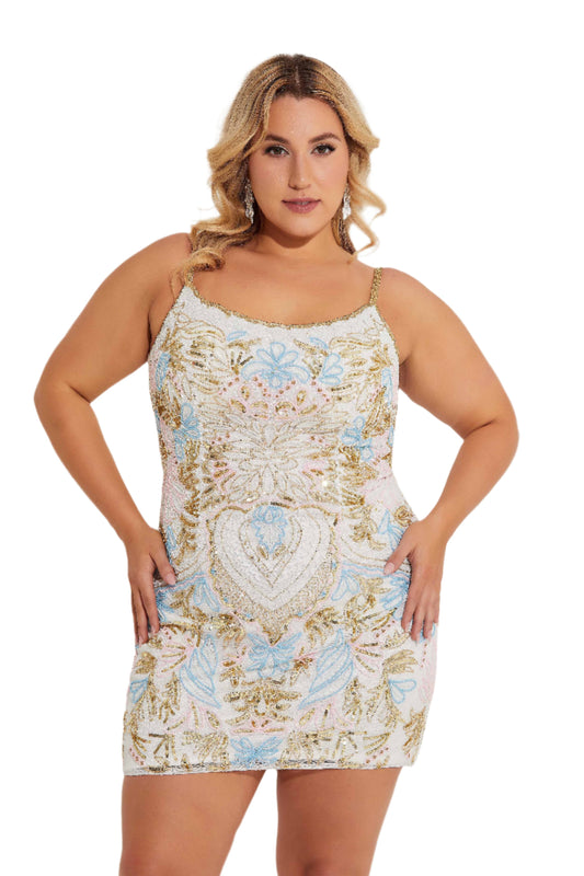 Discover the perfect blend of sophistication and style with the Primavera Curvy 14064 Short Plus Size Homecoming Dress. This stunning gown features a beaded corset and scoop neck, creating a flattering and feminine silhouette. Perfect for any special occasion, embrace confidence and elegance with this timeless piece.