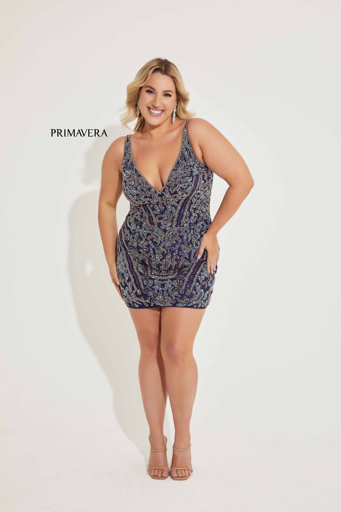 Primavera Couture 14065 Beaded Cocktail Dress Plus Sized Curvy V Neckline