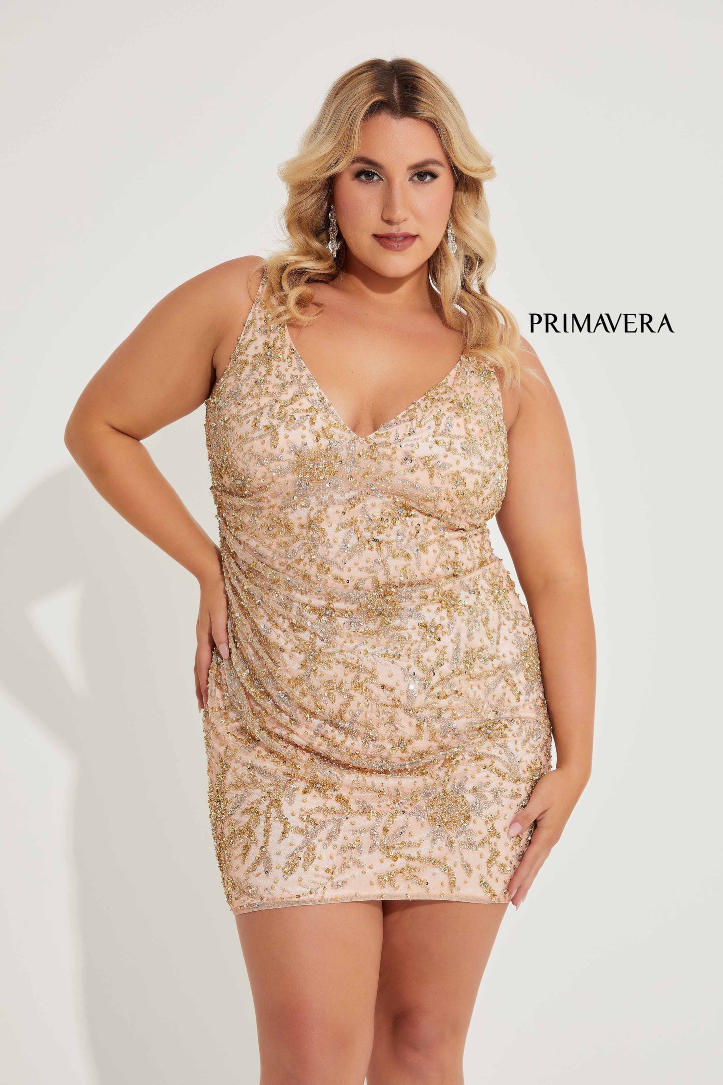 Primavera Couture 14067 Plus Sized Cocktail Dress V Neckline Sequins