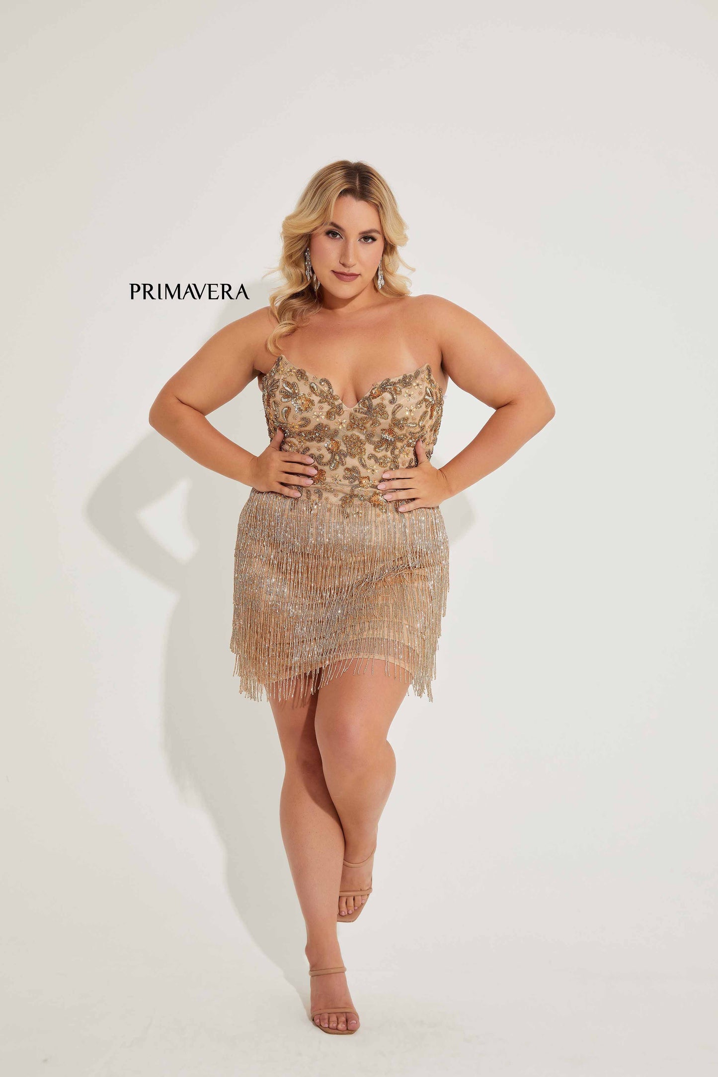 Primavera Couture 16069 Nude Cocktail Dress Fringe Skirt Plus Sized