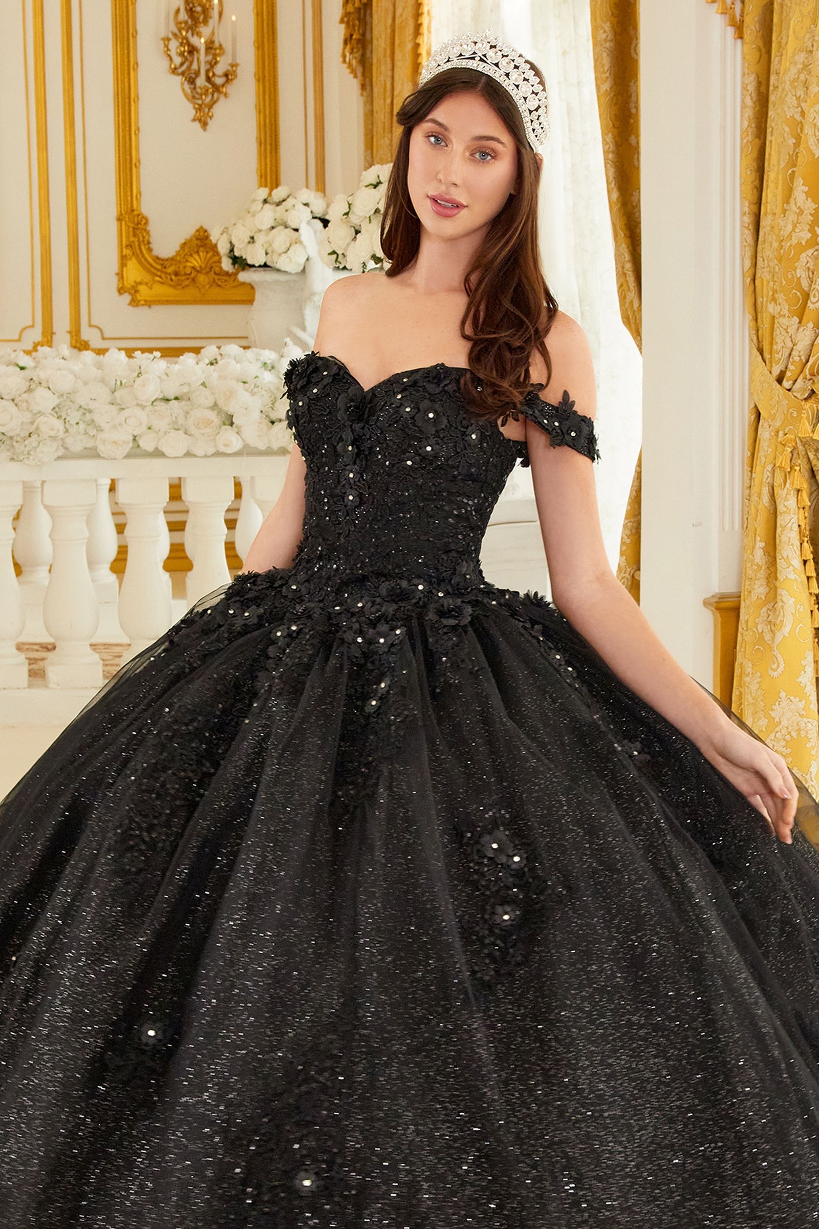 Unleash your inner princess with this Ladivine 15702 Off The Shoulder Shimmer Lace Quinceanera Ballgown Dress Formal Gown! Flaunt your radiant beauty in this romantic, glittery tulle ball gown, featuring a sweetheart neckline and off-shoulder lace and floral appliques. The gorgeous layered skirt sparkles magnificently with floral appliques, and the lace-up corset back closure ensures a perfectly tailored fit. Get ready to look like the belle of the ball!