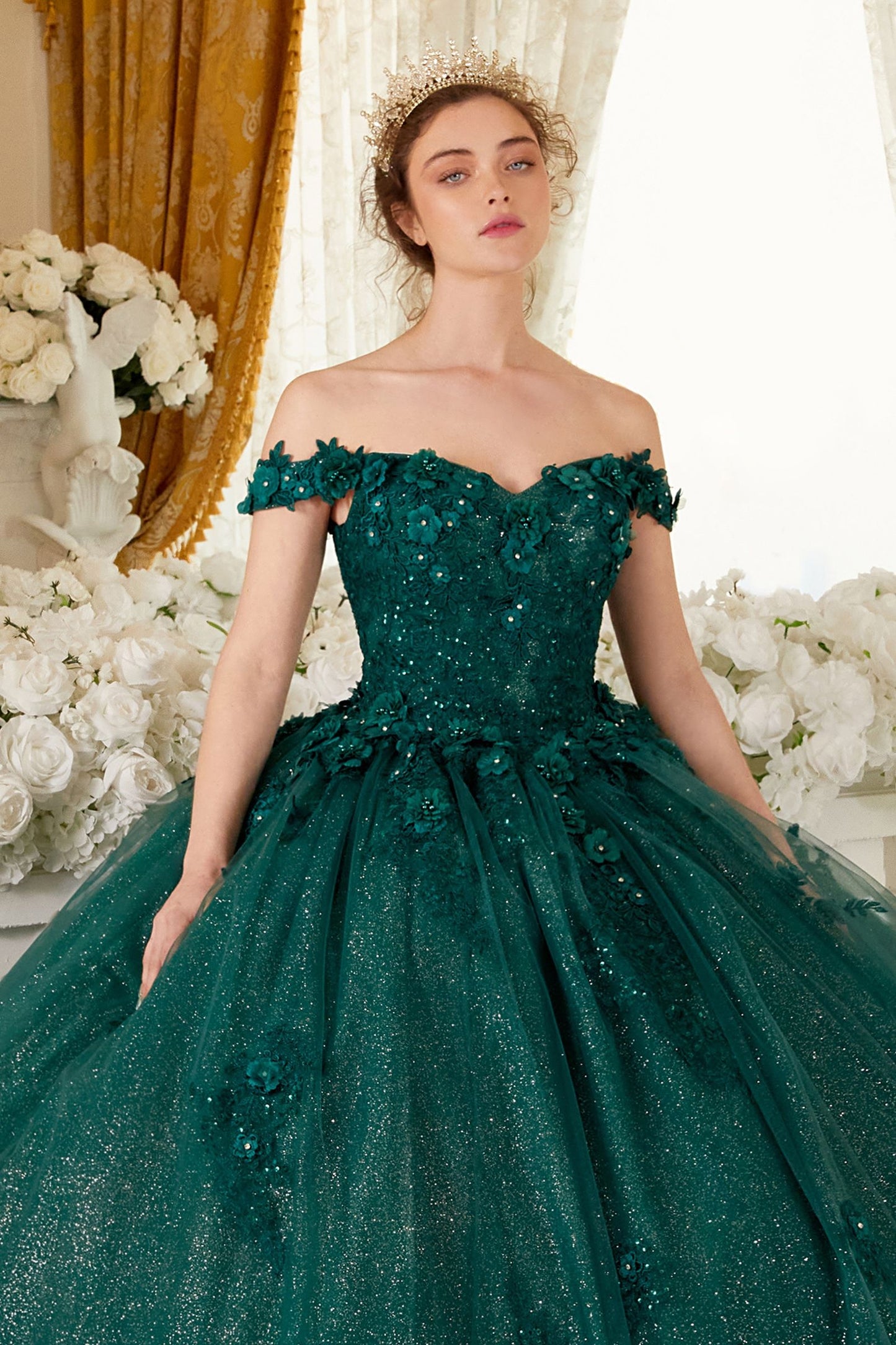 Unleash your inner princess with this Ladivine 15702 Off The Shoulder Shimmer Lace Quinceanera Ballgown Dress Formal Gown! Flaunt your radiant beauty in this romantic, glittery tulle ball gown, featuring a sweetheart neckline and off-shoulder lace and floral appliques. The gorgeous layered skirt sparkles magnificently with floral appliques, and the lace-up corset back closure ensures a perfectly tailored fit. Get ready to look like the belle of the ball!