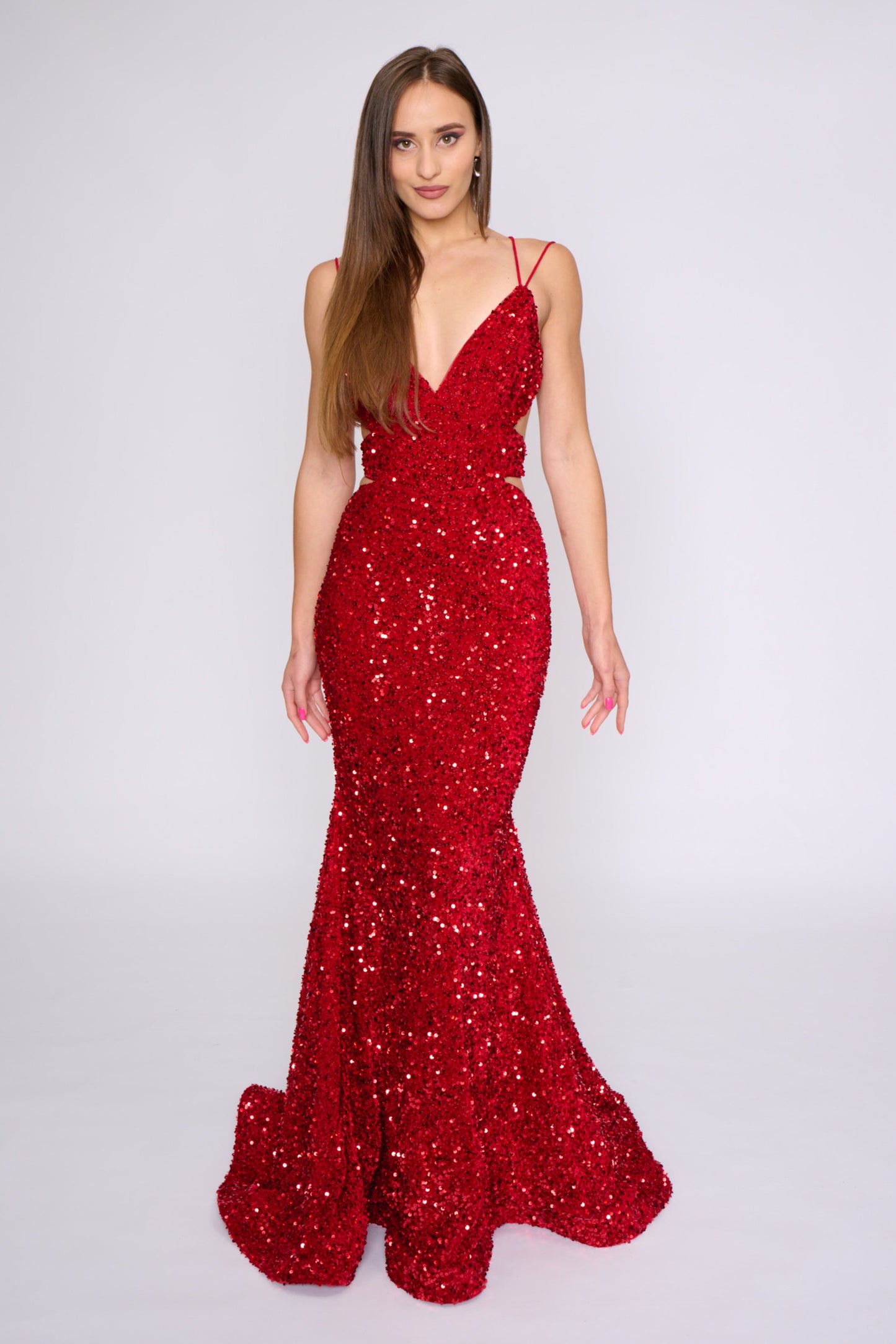 Nina Canacci 1579 Long Sequin Mermaid Prom Dress Cut Out Corset V Neckline