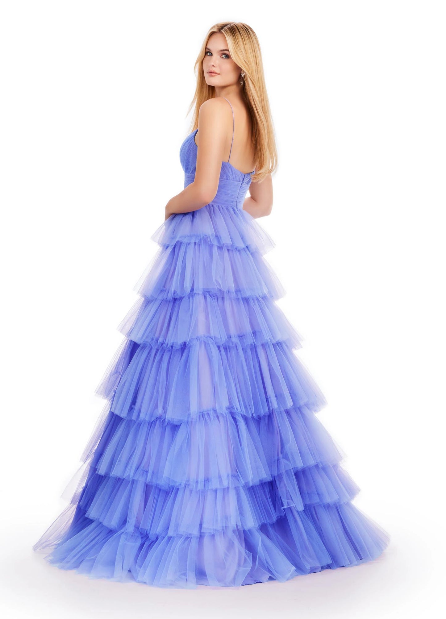 Ashley Lauren 11622 Long Layered Tulle A Line Prom Dress Formal Ballgown V Neck This tulle ball gown features a tiered design and ruched bustier. The look is complete with spaghetti straps and a sweetheart neckline.  COLORS: Electric Coral, Orchid, Jade, Hot Pink Sizes: 0-24