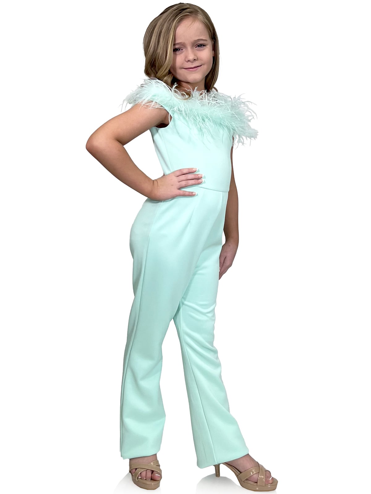 Marc Defang 8185K Pageant Jump suite with feather neck line off the shoulder  Feather neckline Scuba body material Jumpsuit style Center back invisible zipper Fully Lined  Available Sizes: 2-14  Available Colors: Pink, Lilac, Red, White, Royal Blue, Hot Pink, Aqua, Yellow, Emerald, Mint