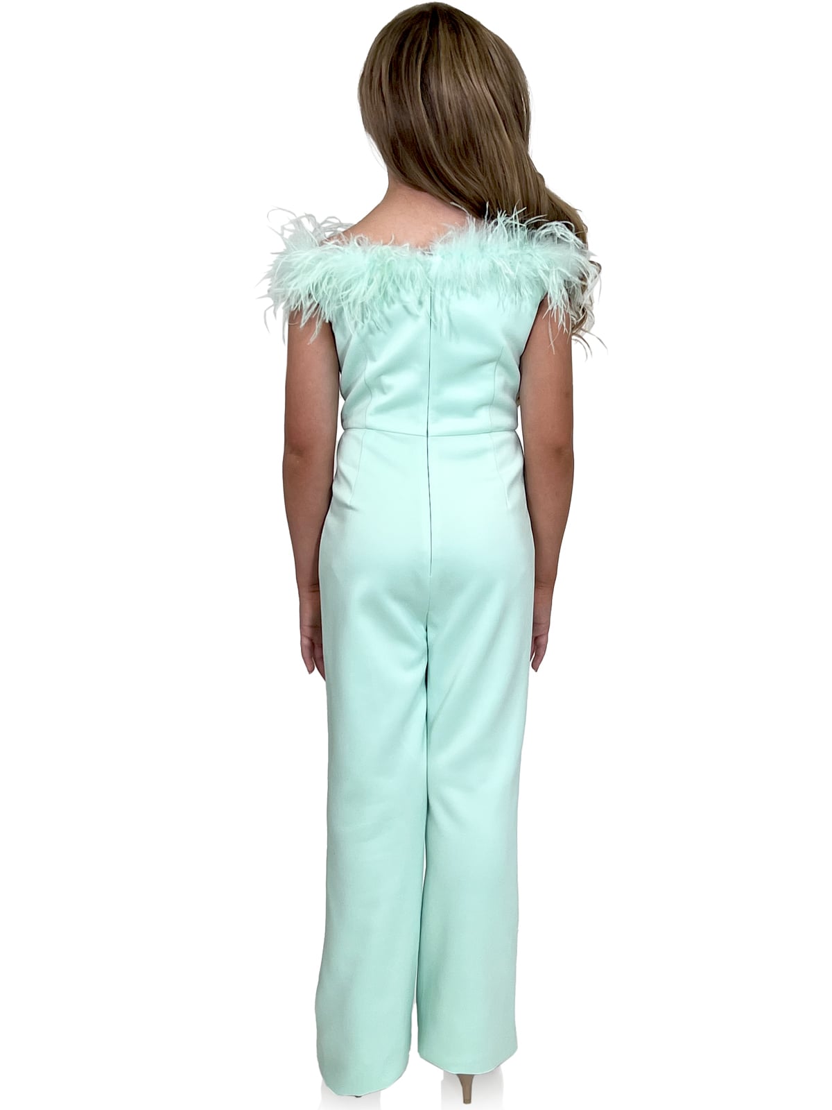 Marc Defang 8185K Pageant Jump suite with feather neck line off the shoulder  Feather neckline Scuba body material Jumpsuit style Center back invisible zipper Fully Lined  Available Sizes: 12  Available Colors: Mint