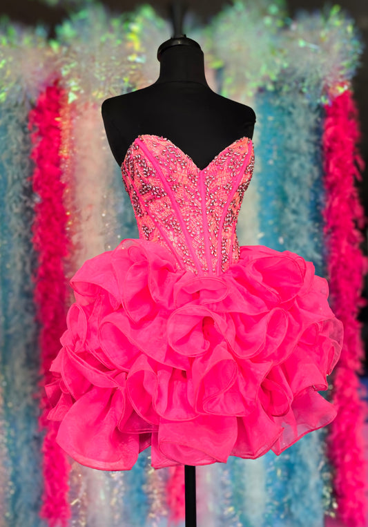 Jovani 39932 Size 0 Hot Pink Short Beaded Corset Homecoming Dress Ruffle Skirt Crystal Strapless Cocktail Dress