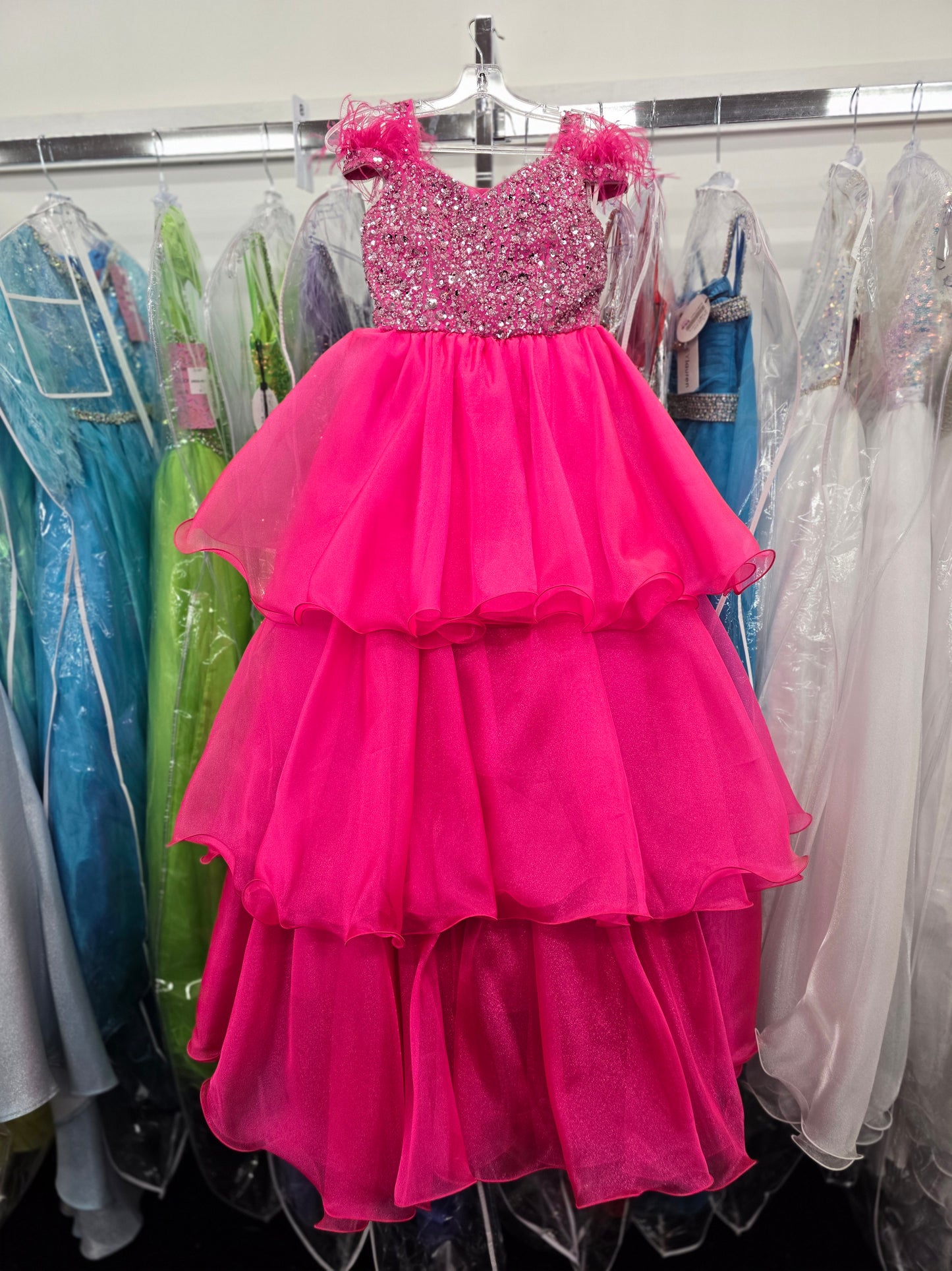 Marc Defang 5143 Size 12 Hot Pink Girls Pageant Dress Feather Strap Shimmer layer Ballgown Organza