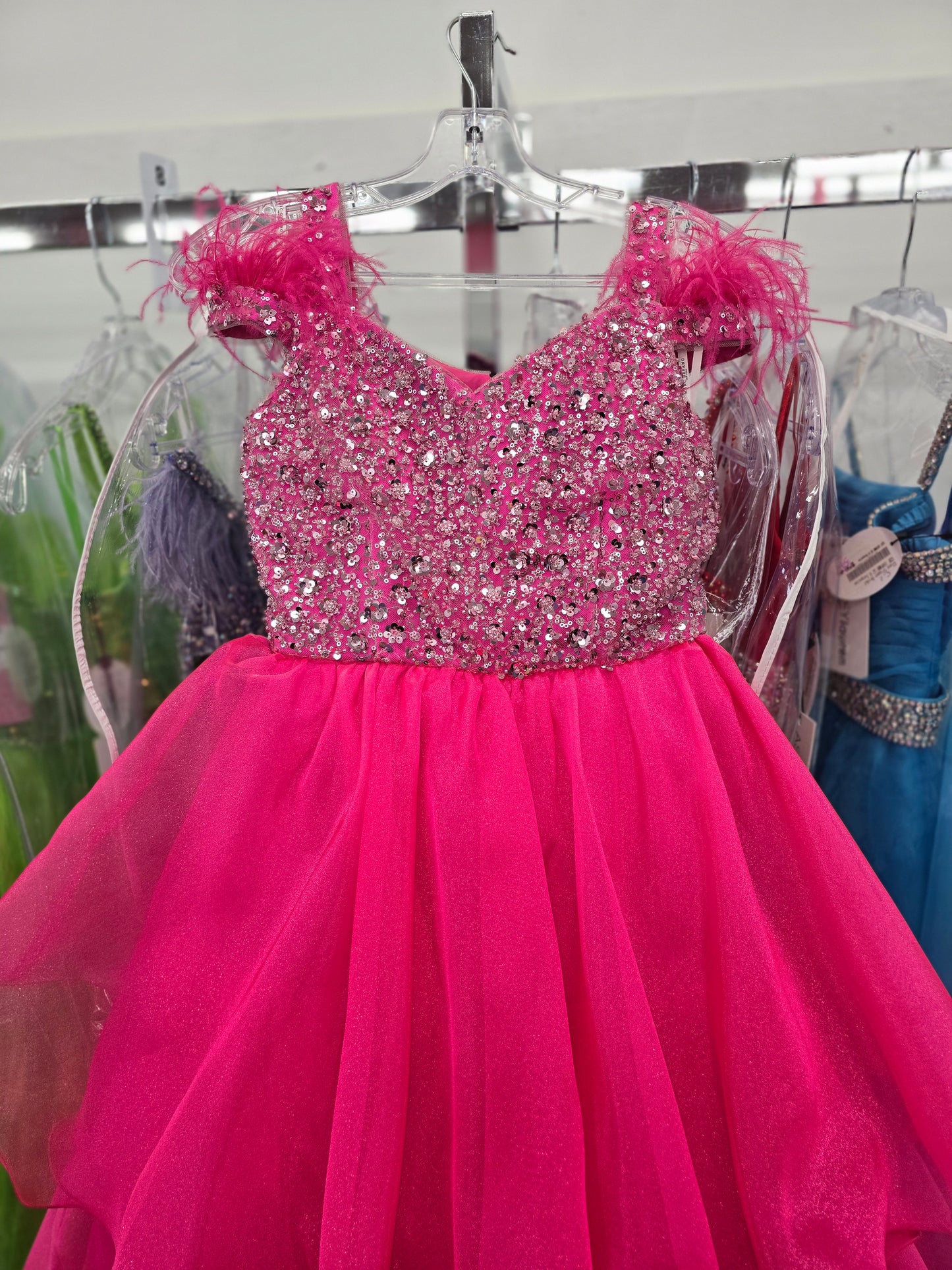 Marc Defang 5143 Size 12 Hot Pink Girls Pageant Dress Feather Strap Shimmer layer Ballgown Organza