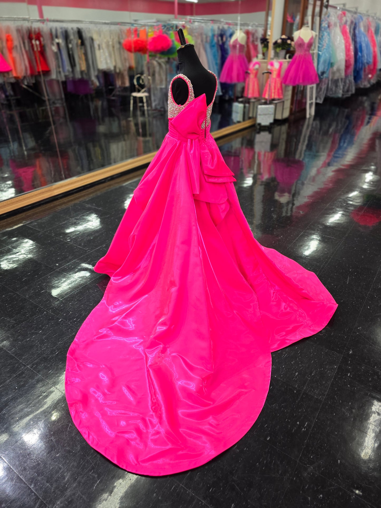 Ashley Lauren 8278 Size 8 Hot Pink Girls Satin Ballgown Large Bow Pageant Dress Crystal Bodice Gown