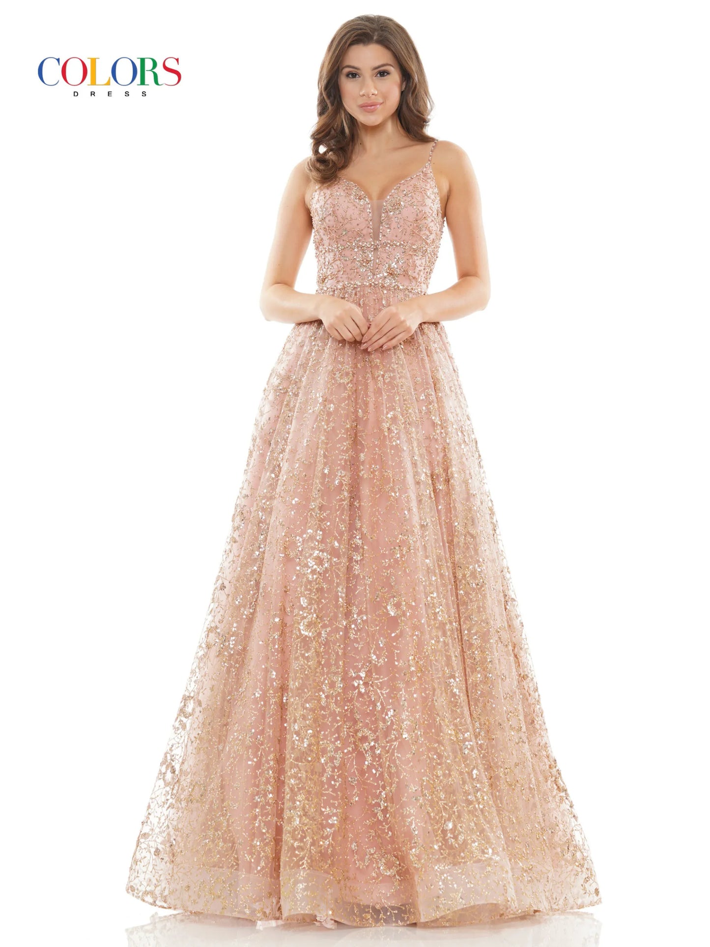 This stunning Colors Dress 2288 features a glittering sequin mesh ball gown with a plunging neckline and beautifully beaded bodice. Perfect for any formal event or pageant, this dress exudes elegance and sophistication. Make a statement and stand out from the crowd in this glamorous gown.