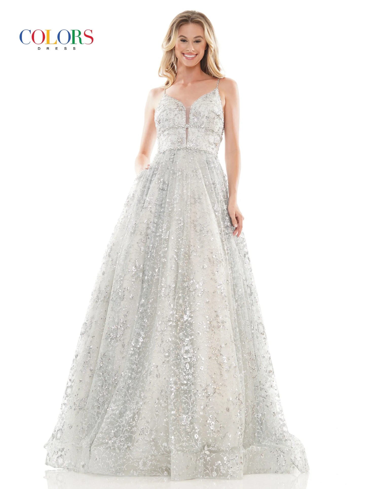 This stunning Colors Dress 2288 features a glittering sequin mesh ball gown with a plunging neckline and beautifully beaded bodice. Perfect for any formal event or pageant, this dress exudes elegance and sophistication. Make a statement and stand out from the crowd in this glamorous gown.