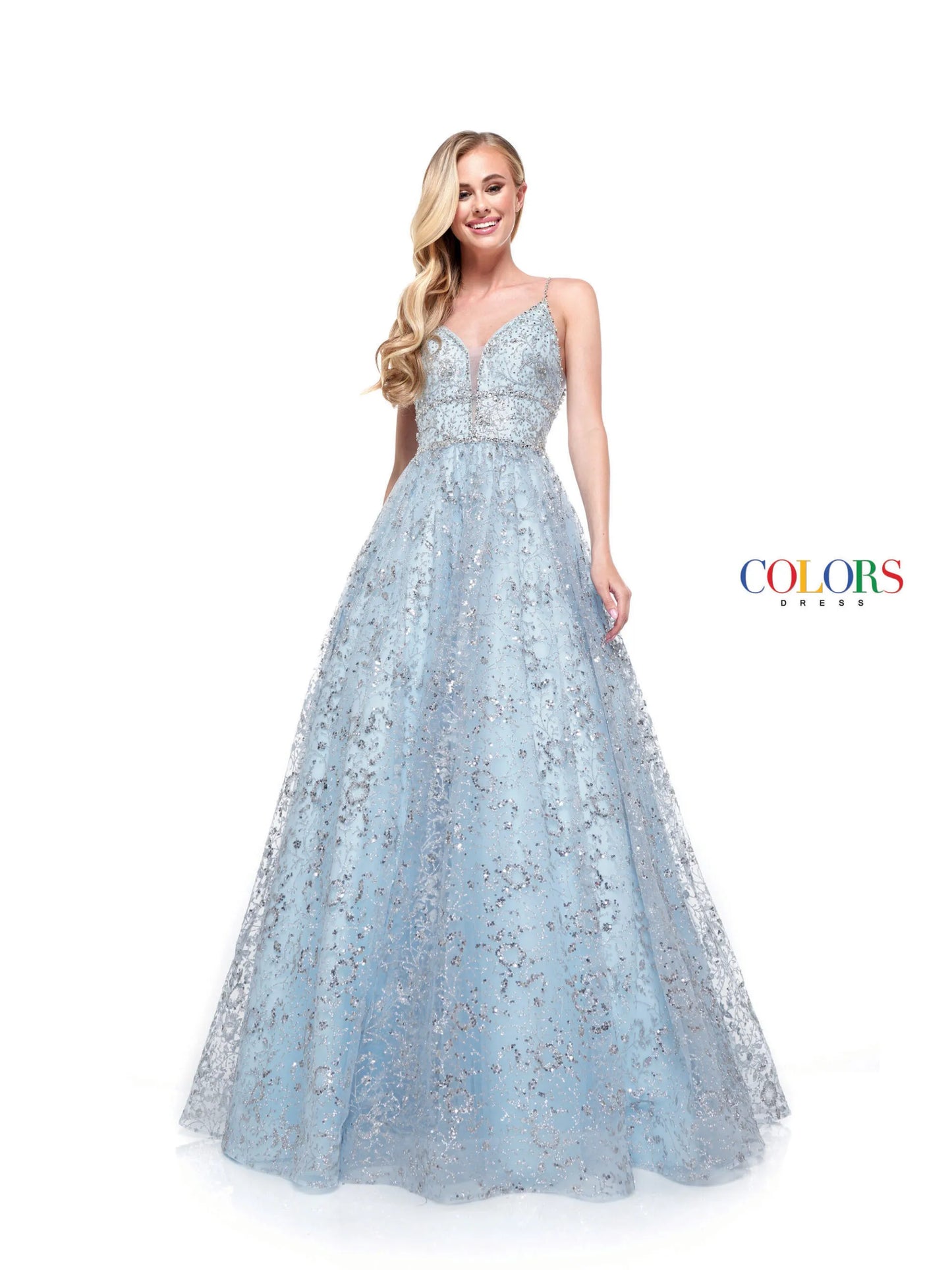 This stunning Colors Dress 2288 features a glittering sequin mesh ball gown with a plunging neckline and beautifully beaded bodice. Perfect for any formal event or pageant, this dress exudes elegance and sophistication. Make a statement and stand out from the crowd in this glamorous gown.