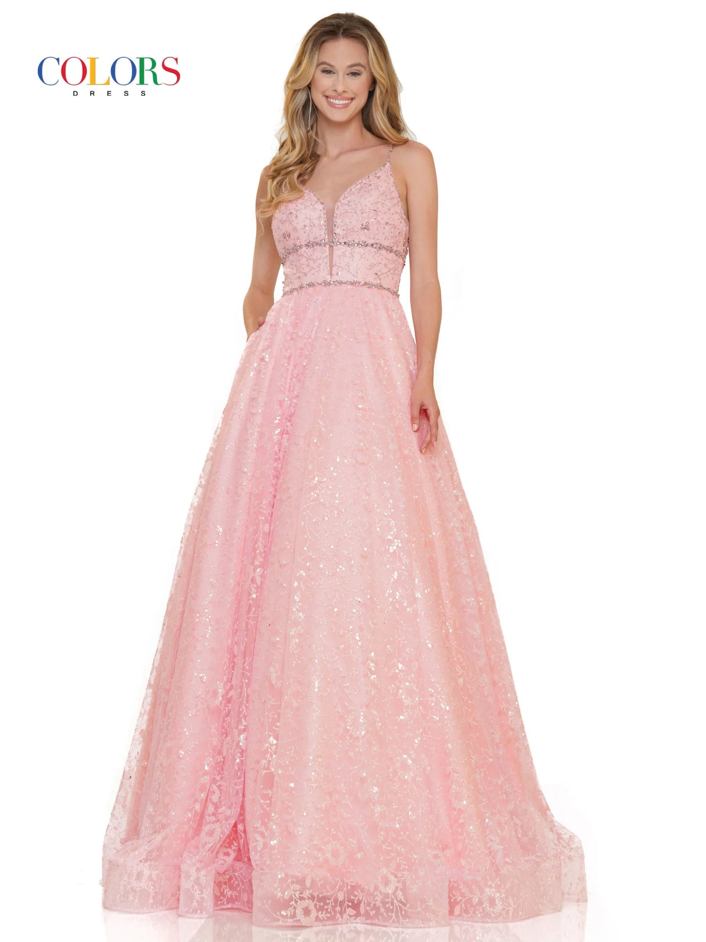 This stunning Colors Dress 2288 features a glittering sequin mesh ball gown with a plunging neckline and beautifully beaded bodice. Perfect for any formal event or pageant, this dress exudes elegance and sophistication. Make a statement and stand out from the crowd in this glamorous gown.