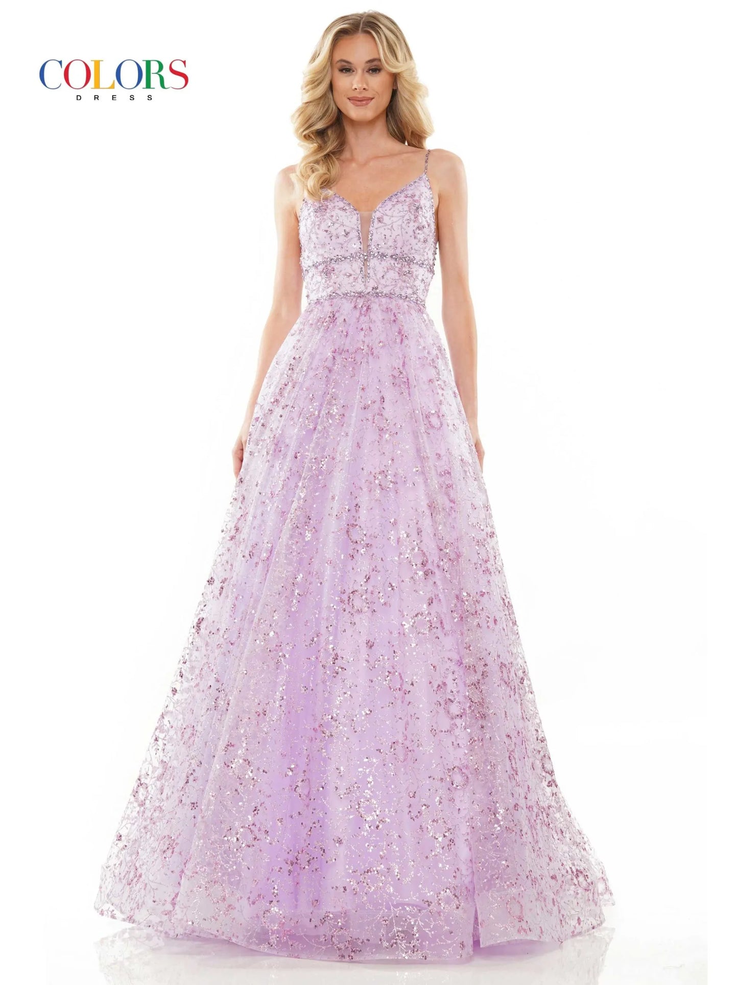 This stunning Colors Dress 2288 features a glittering sequin mesh ball gown with a plunging neckline and beautifully beaded bodice. Perfect for any formal event or pageant, this dress exudes elegance and sophistication. Make a statement and stand out from the crowd in this glamorous gown.