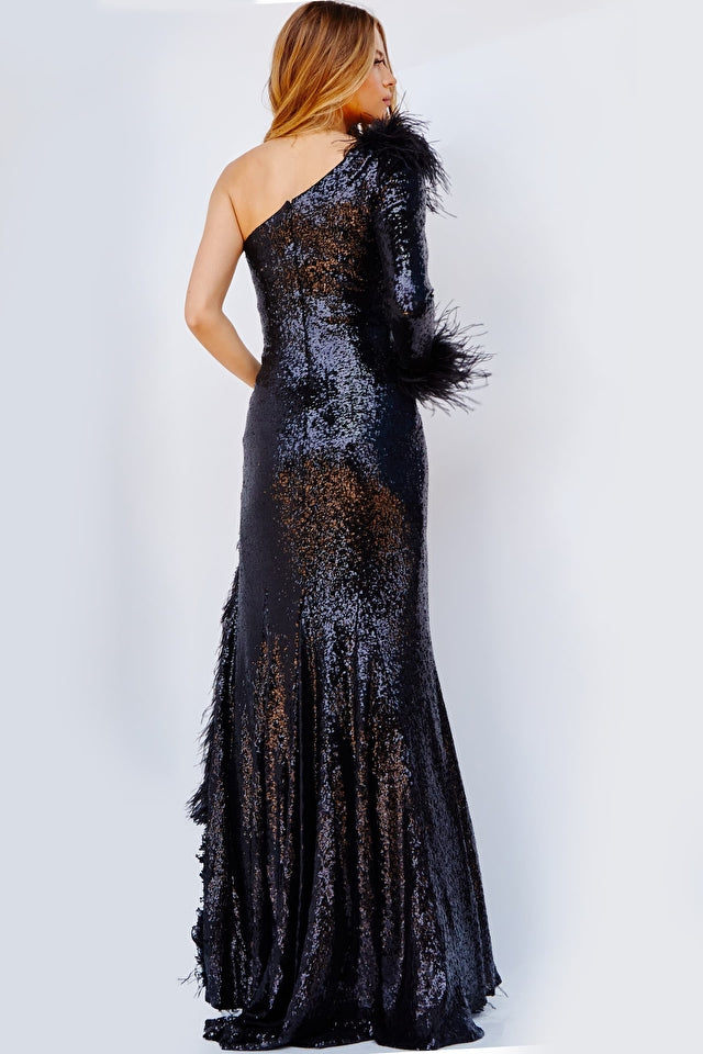 Jovani 22895 Sequin One Long Sleeve Feather Cuff Embellished High Feathered Trim Slit Evening Dress. Look stunning in this Jovani 22895 evening dress. Featuring long sleeves with feather cuffs, sequins embellishments, and a high feathered trim with a slit on the skirt, it's sure to make you stand out at your next party.