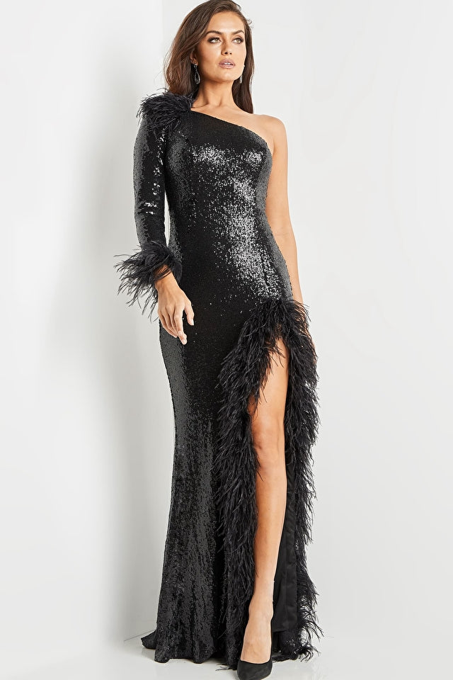 Jovani 22895 Sequin One Long Sleeve Feather Cuff Embellished High Feathered Trim Slit Evening Dress. Look stunning in this Jovani 22895 evening dress. Featuring long sleeves with feather cuffs, sequins embellishments, and a high feathered trim with a slit on the skirt, it's sure to make you stand out at your next party.