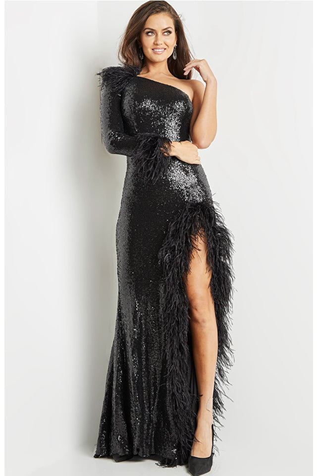 Jovani 22895 Sequin One Long Sleeve Feather Cuff Embellished High Feathered Trim Slit Evening Dress. Look stunning in this Jovani 22895 evening dress. Featuring long sleeves with feather cuffs, sequins embellishments, and a high feathered trim with a slit on the skirt, it's sure to make you stand out at your next party.