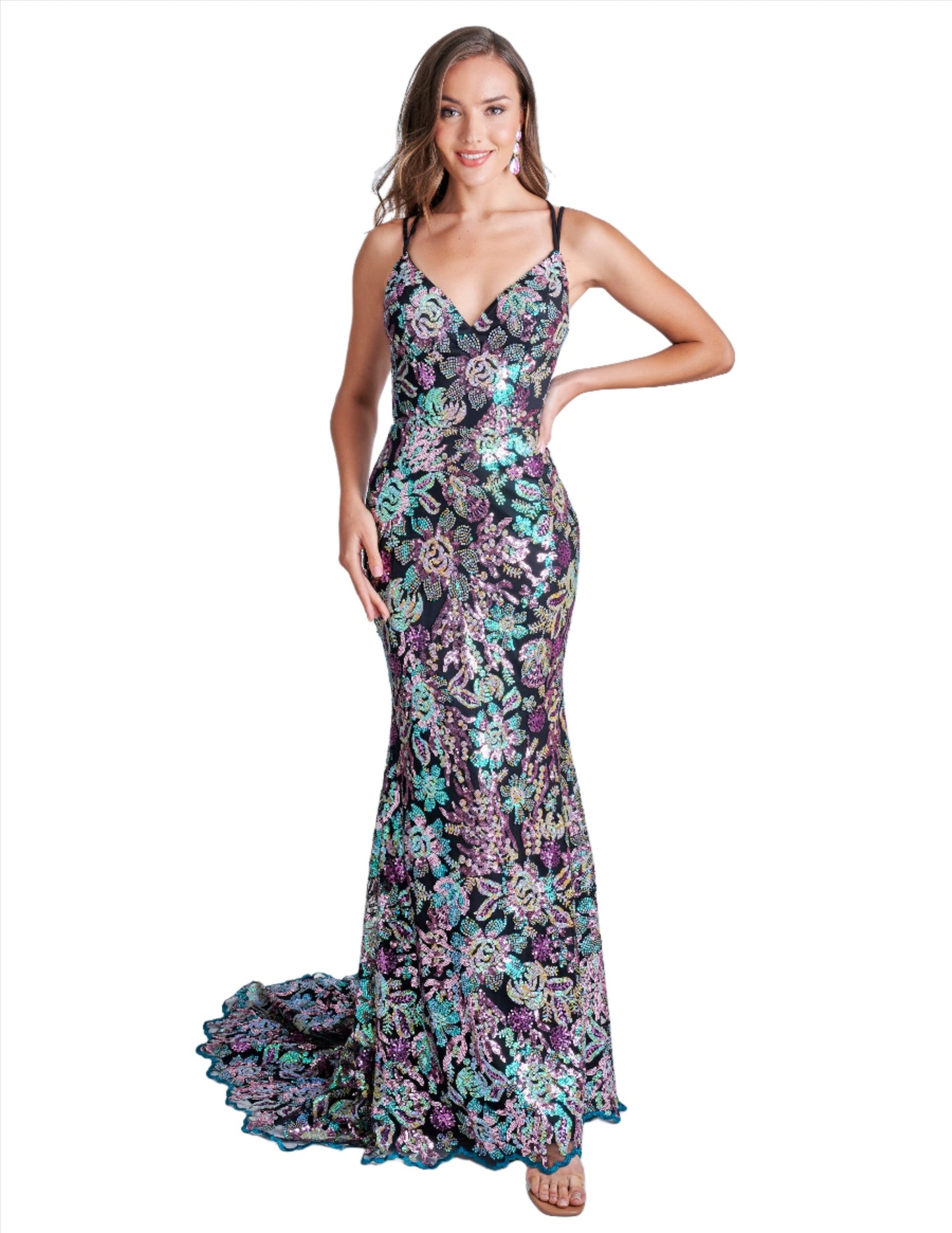 Elevate your formal event with the stunning Nina Canacci 2382 Sequin Print Formal Prom Dress. The backless corset and V-neckline exude an alluring elegance, while the sequin print adds a touch of glamour. Make a statement and shine bright in this evening gown.  Sizes: 0-6  Colors: Black Pink Multi