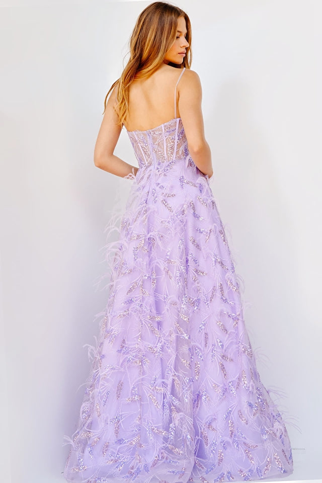 Jovani 24078 Lilac Sequin And Feather Embellished A-Line Sheer Corset Bodice Prom Gown. Introducing the Jovani 24078 prom gown. Crafted from a sheer corset bodice, this A-line design is perfect for special occasions. Featuring an ornate arrangement of lilac sequins and feathers, the bodice creates a truly eye-catching look. Let yourself sparkle in this luxurious and timeless gown.   