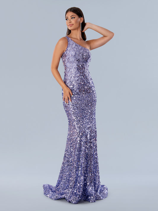 Stella Couture 24155 is a stunning One Shoulder Sequin Lace Prom Dress with a Sheer Back and 3d floral lace appliques. This elegant formal gown will make the perfect statement and turn heads at your special event.  Sizes: 0-16  Colors: Lilac