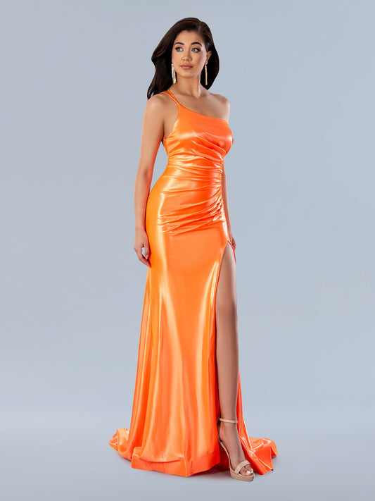 The epitome of timeless elegance, Stella Couture 24205 is a long fitted one shoulder formal dress. The Ruched satin gown features a flattering corset back and a generous high slit, perfect for making a statement. A must-have for special occasions.  Sizes: 0-16  Colors: Orange, Green, Royal