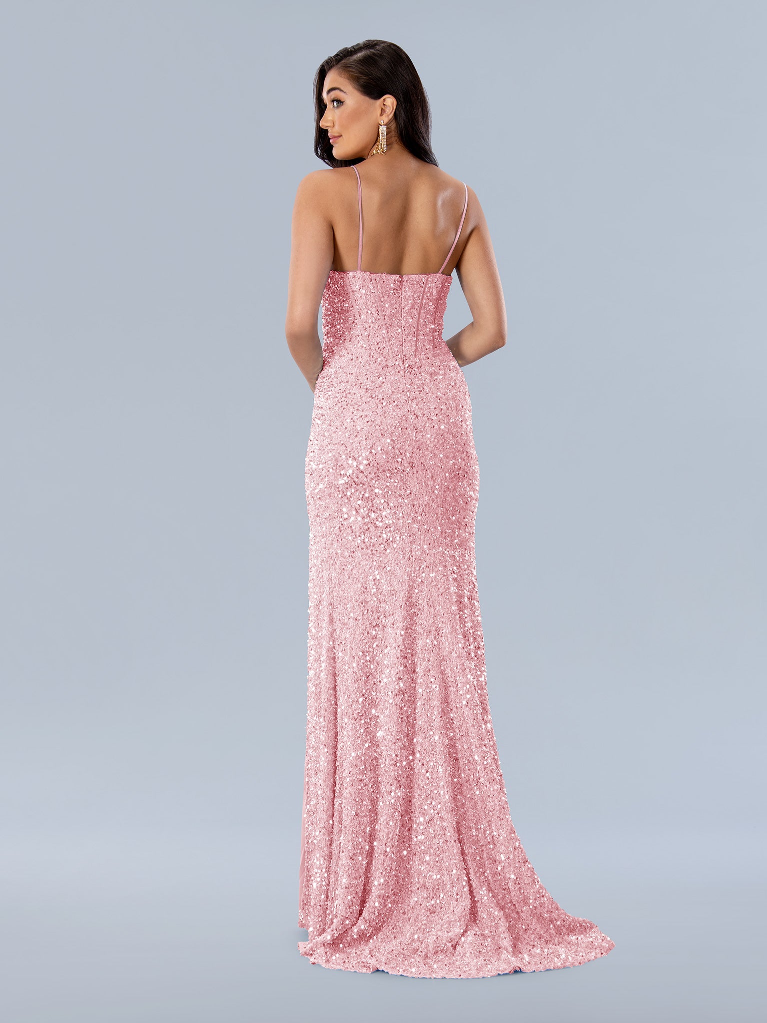 The Stella Couture 24240 Long Sequin Prom Dress is a formal gown designed for special occasions. Features include a corset V neckline, all adorned in glimmering sequins on velvet to add a touch of sparkle to your look.  Sizes: 0-16  Colors: Pink, Blue