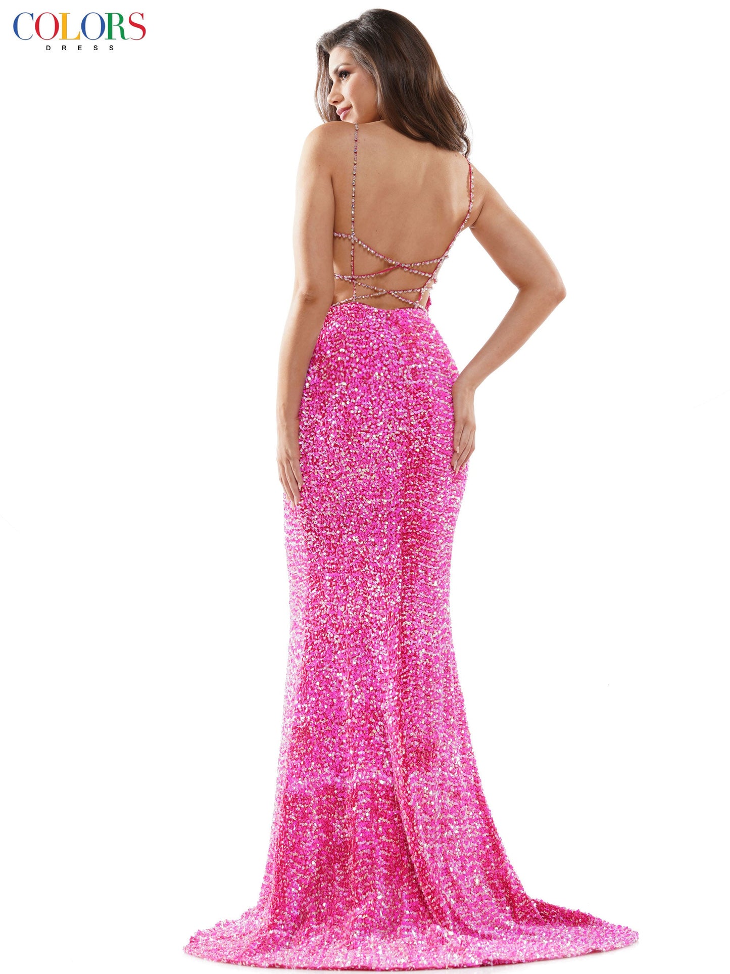 Colors Dress 2459 Long Sequin Backless Prom Dress Formal Pageant Gown Crystal Strap  Available Sizes: 0-16  Available Colors: Hot Pink, Silver, Off White