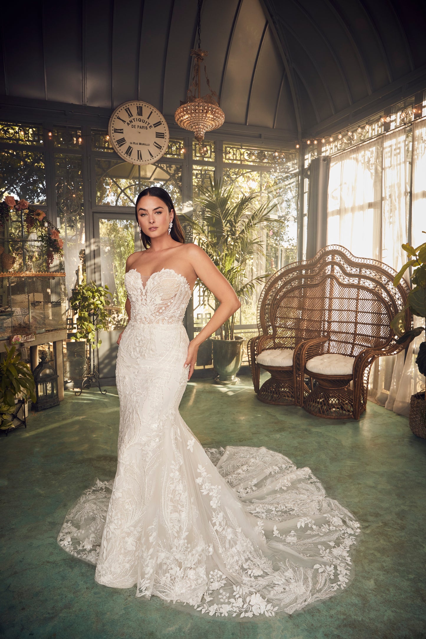 Indulge in luxury and grace with the Casablanca 2477 beaded mermaid wedding dress. The stunning long sleeve, strapless design is embellished with intricate beading, adding a touch of glamour to your special day. The fitted silhouette and elegant train will enhance your natural curves and leave you feeling like a true goddess. Artful and intricate, Style 2477 Delaney by Casablanca Bridal embodies storybook romance. Delicate lace, sequins, and beading sculpt the sweetheart neckline of this strapless fit and f