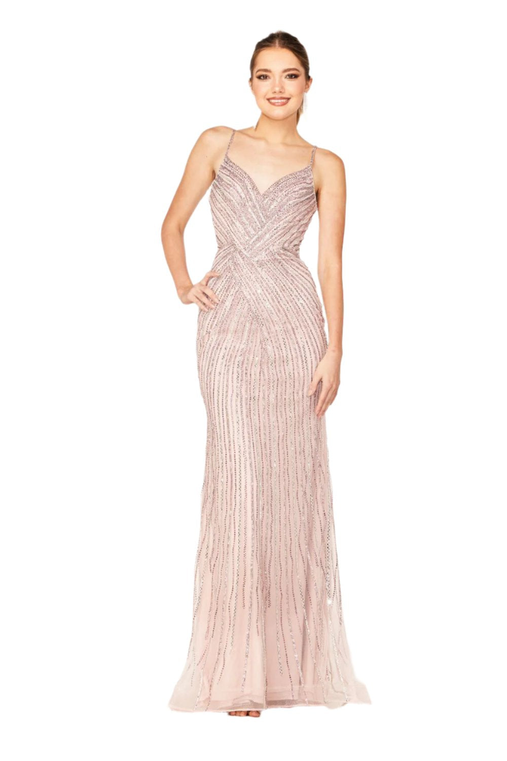 Elevate your style with the Cecilia Couture 2616 Long Crystal Prom Dress. This stunning gown features a corseted bodice and a dazzling crystal shimmer, perfect for any formal evening event. The V neckline adds a touch of elegance, making you stand out in the crowd. Feel confident and beautiful in this glamorous dress.