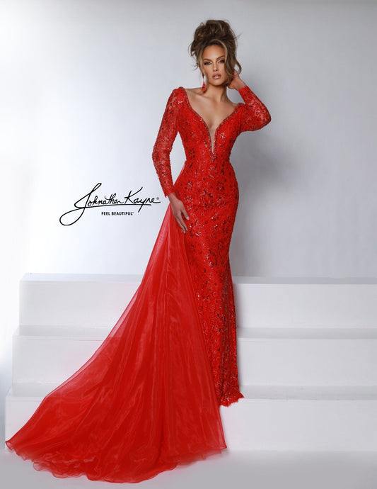 Johnathan Kayne 2732 Beaded Lace Pageant Gown sequin deep plunge v neck stretch organza long cape dress