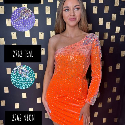 Johnathan Kayne 2762 short one shoulder long sleeve sequin velvet stretch homecoming dress  Beautiful one shoulder , long sleeve, sequin homecoming dress with open side and crystal sleeve   sizes: 00,0,2,4,6,8,10,12,14,16  Color: Neon Orange, Teal, Violet 