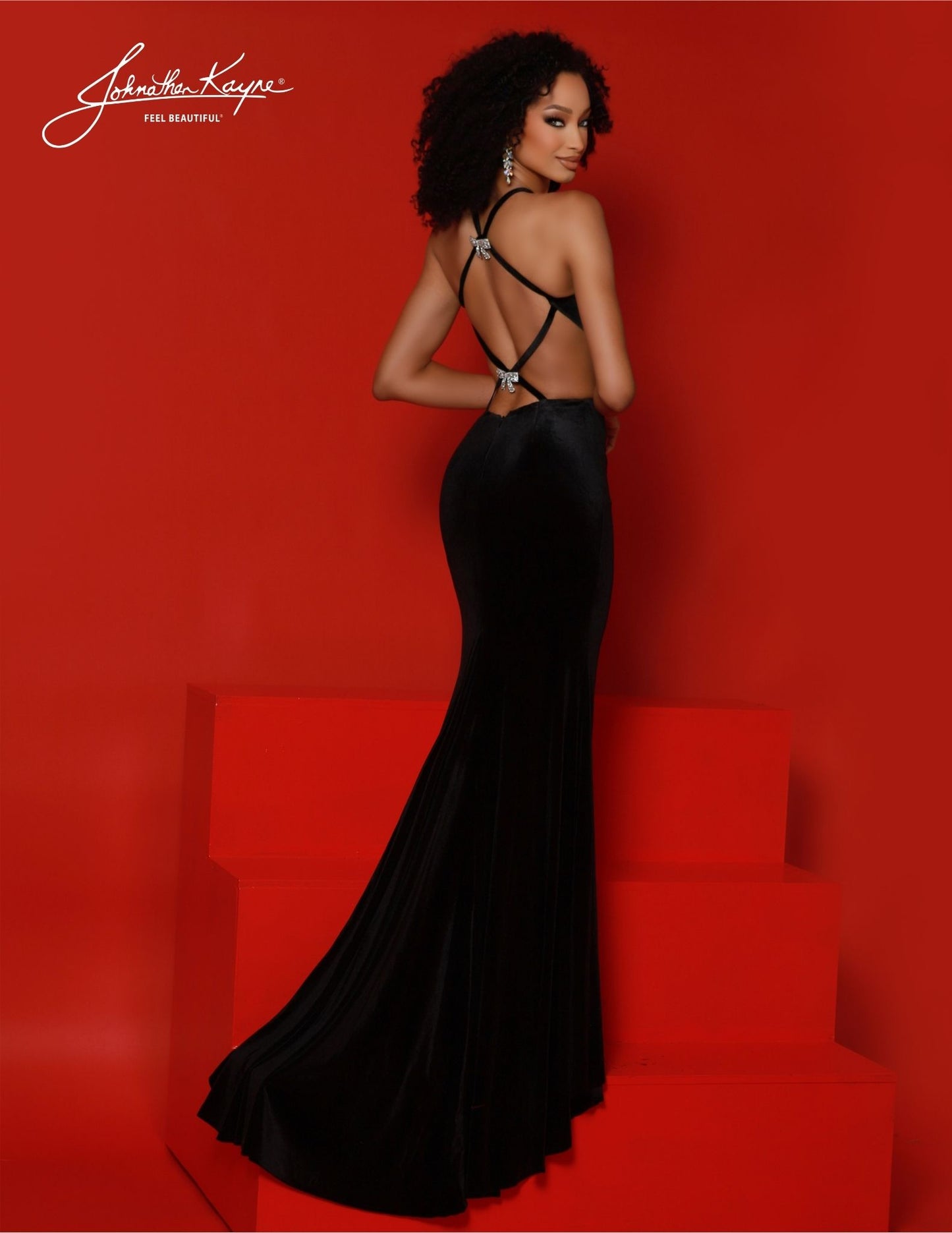 Johnathan Kayne 2816 Long Prom Dress Velvet side cut-outs and Backless Formal Gown Pageant